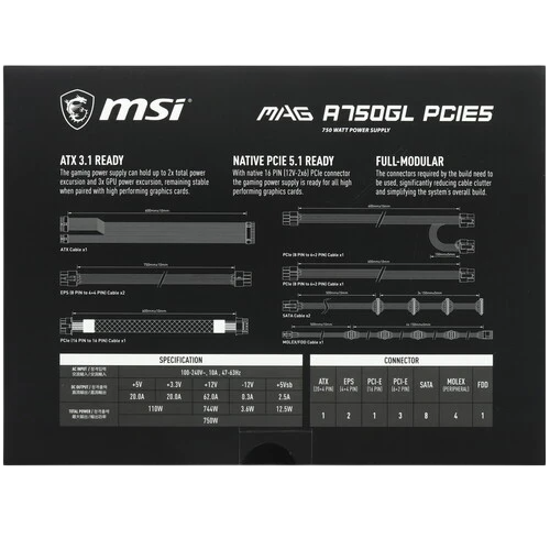 Блок питания MSI 750W MAG A750GL (306-7ZP8B11-CE0) 16 Pin (PCIe 5.1 Connector Cable Details)
