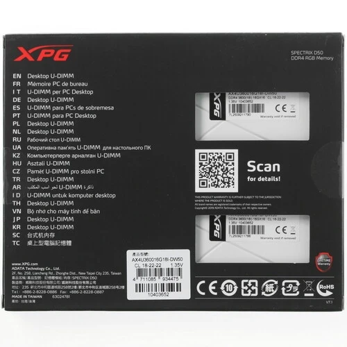 Оперативная память 32 Gb 3600 MHz ADATA XPG SPECTRIX D50 RGB White (AX4U360016G18I-DW50)