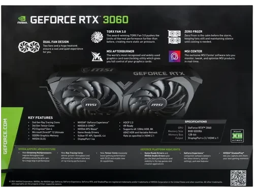 Видеокарта MSI (RTX 3060 VENTUS 2X 8G OC) GeForce RTX 3060 8Gb VENTUS 2X OC