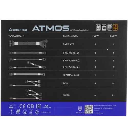 Блок питания Chieftec 850W Atmos Black (CPX-850FC) 16 Pin (PCIe 5.0 Connector Cable Details)