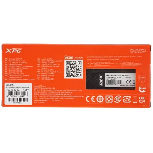 Оперативная память 16 Gb 3600 MHz ADATA XPG SPECTRIX D45G RGB Black (AX4U360016G18I-CBKD45G)