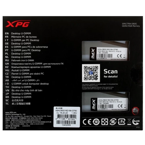 Оперативная память 32 Gb 3600 MHz ADATA XPG SPECTRIX D60G Grey RGB (AX4U360016G18A-DT60)