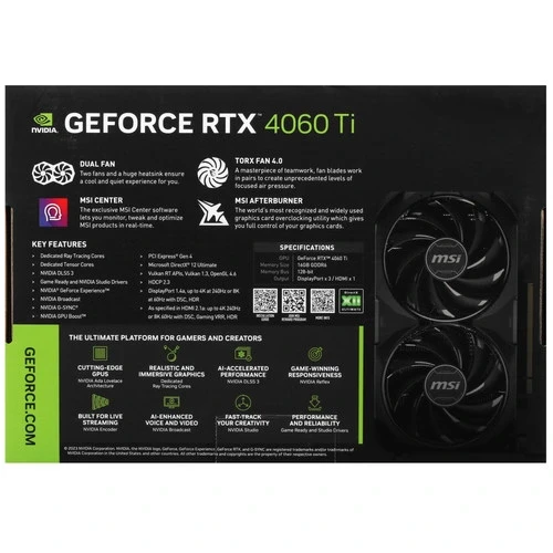 Видеокарта MSI (RTX 4060 Ti VENTUS 2X BLACK 16G) GeForce RTX 4060 Ti 16GB VENTUS 2X BLACK