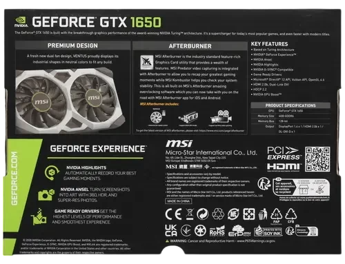 Видеокарта MSI (GTX 1650 D6 VENTUS XS OCV3) GeForce GTX 1650 4GB D6 VENTUS XS OCV3 2FAN