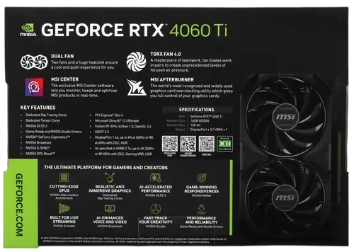 Видеокарта MSI (RTX 4060 Ti VENTUS 2X BLACK 16G OC) GeForce RTX 4060 Ti 16GB VENTUS 2X BLACK OC