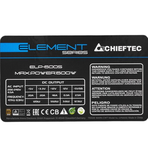 Блок питания Chieftec 600W ELEMENT (ELP-600S)