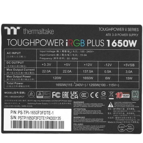 Блок питания Thermaltake 1650W TOUGHPOWER (PS-TPI-1650F3FDTE-1 16) Pin (PCIe 5.0 Connector Cable Details)