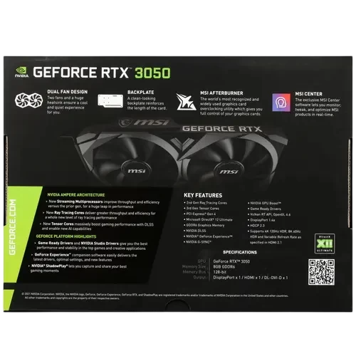 Видеокарта MSI (RTX 3050 VENTUS 2X XS 8G) GeForce RTX 3050 8GB VENTUS 2X XS 8G