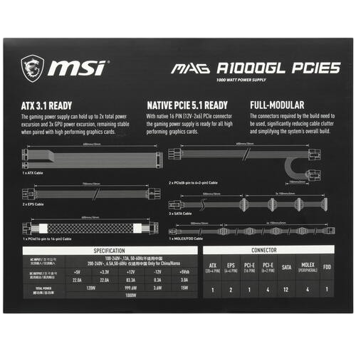 Блок питания MSI 1000W MAG A1000GL PCIE5 (306-7ZP9B11-CE0) 16 Pin (PCIe 5.0 Connector Cable Details)