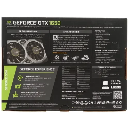 Видеокарта MSI (GTX 1650 D6 VENTUS XS OCV1) GeForce GTX 1650 4GB VENTUS XS OCV1