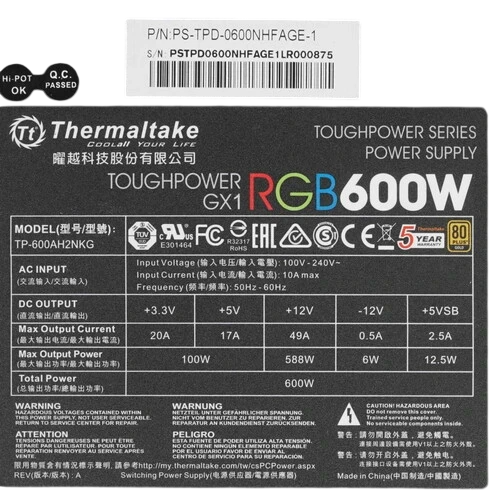 Блок питания Thermaltake 600W TOUGHPOWER GX1 RGB 600 (PS-TPD-0600NHFAGE-1)
