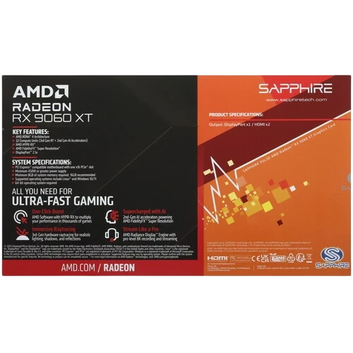 Видеокарта Sapphire (11350-04-20G) Radeon RX 9060 XT 8GB PULSE OC