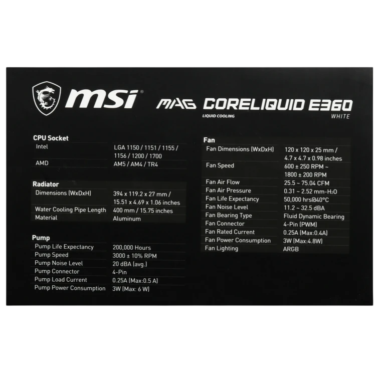 Система жидкостного охлаждения для процессора MSI MAG CORELIQUID E360 ARGB White