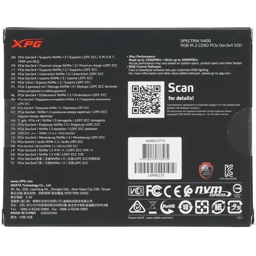 Твердотельный накопитель ADATA 2000 Gb SPECTRIX S40G RGB AS40G-2TT-C XPG 