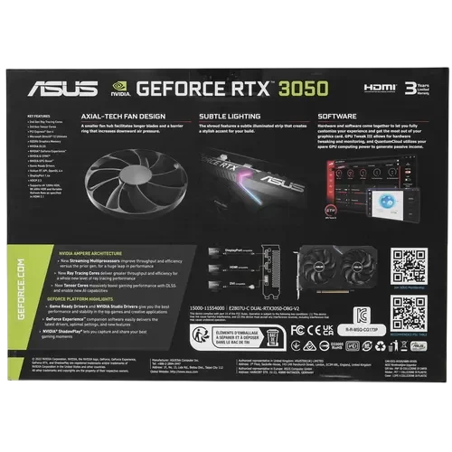 Видеокарта ASUS (DUAL-RTX3050-8G-V2) GeForce RTX 3050 8GB DUAL 90YV0GH7-M0NA00