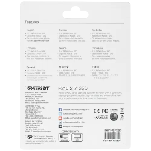 Твердотельный накопитель Patriot 512 Gb P210 (P210S512G25)