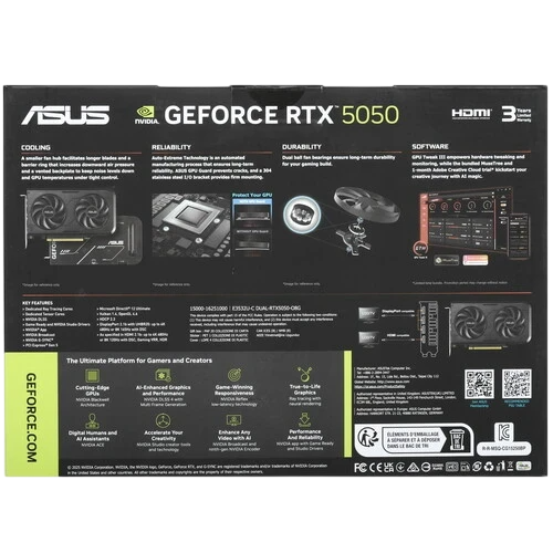 Видеокарта ASUS (DUAL-RTX5050-O8G) GeForce RTX 5050 8GB DUAL OC (90YV0N72-M0NA00)