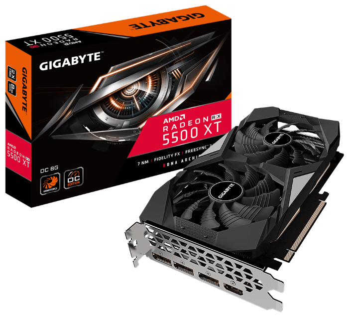 Видеокарта GIGABYTE (GV-R55XTOC-8GD) AMD ATI Radeon RX 5500 XT 1647Mhz PCI-E 4.0 8192Mb 14000Mhz 128 bit HDMI 3xDisplayPort HDCP OC